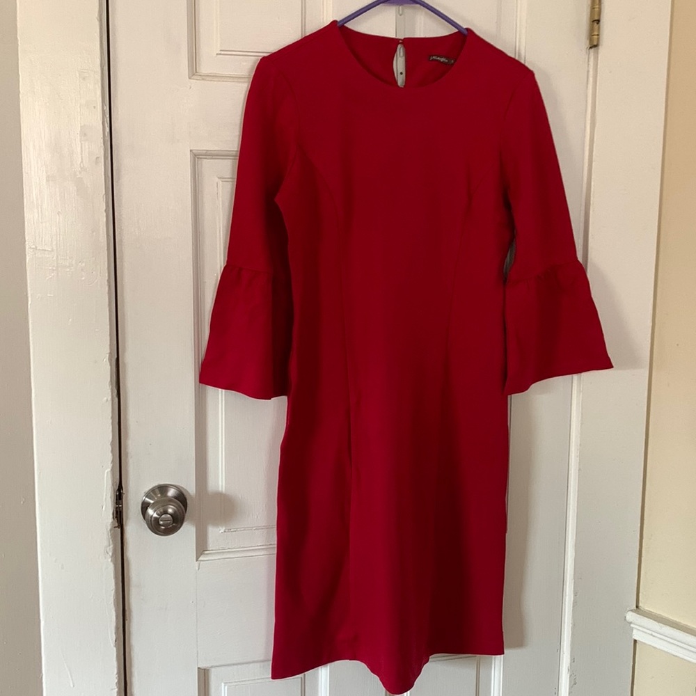 J. McGlaughlin Holiday Red Keaton 3/4 Bell Sleeve Bainbridge Crew Neck Dress Siz